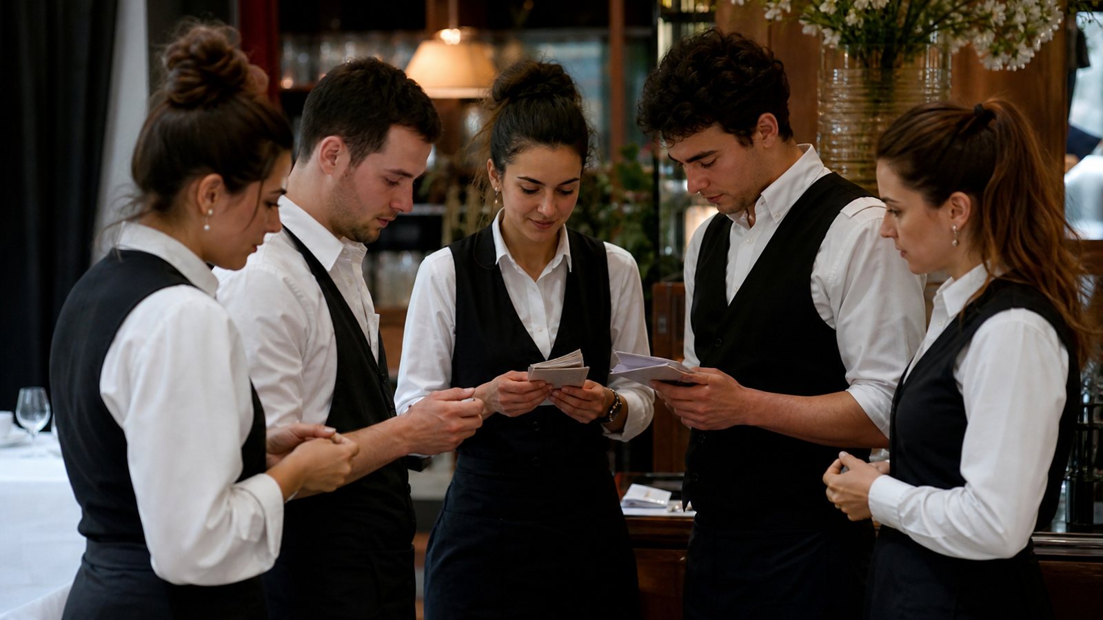 Équipe de restaurant détendue et soudée après un service, tensions apaisées