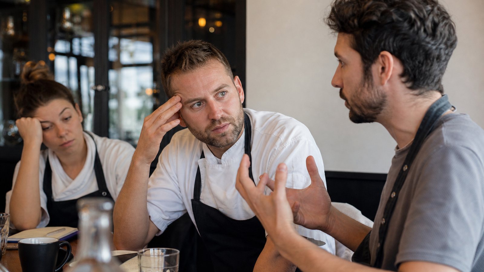 Équipe de restaurant discutant les règles de répartition du tronc lors d'une réunion