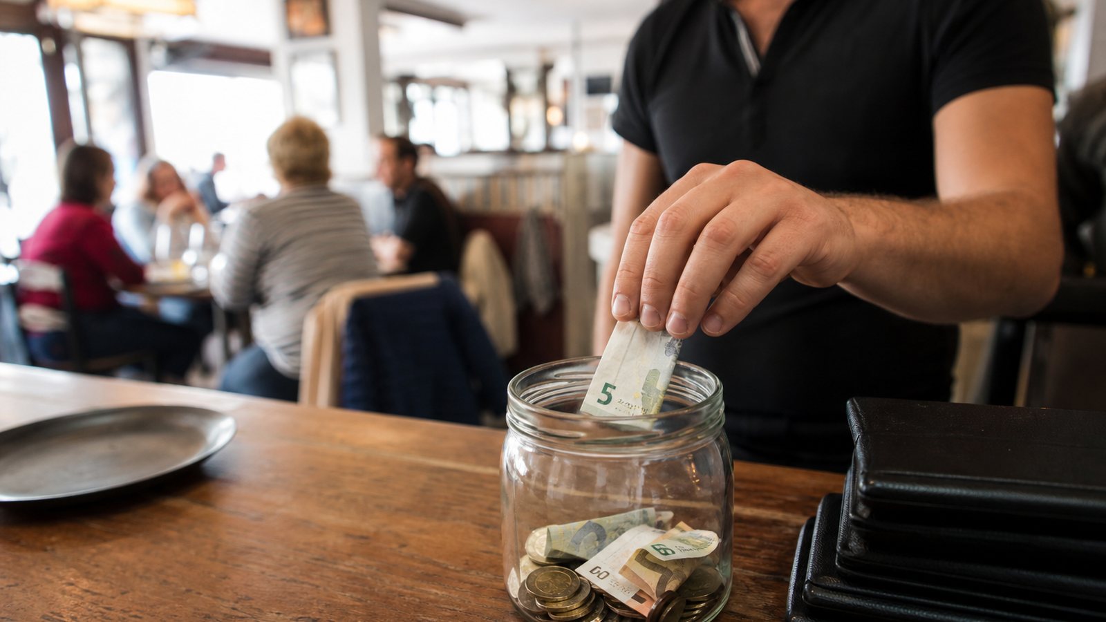Pourboires en pièces et billets réunis dans une caisse commune d'un restaurant